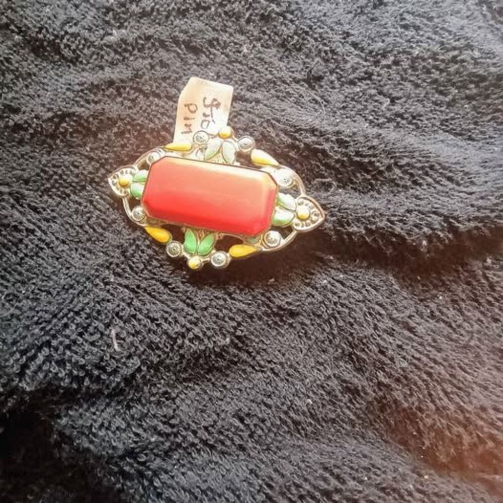 Vintage Red Stone and Enamel Brooch
